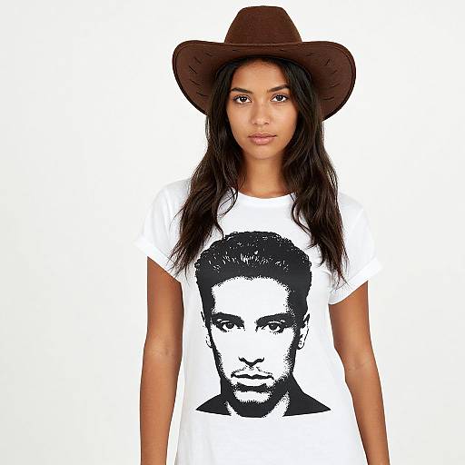 Photograph of a young woman with medium brown skin, long black hair, wearing a brown cowboy hat and white t-shirt with a black-and-white portrait