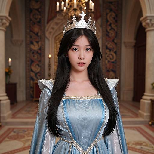 Asian princess with long black hair, silver crown, and blue silk gown, standing in an ornate, candlelit cathedral. Photorealistic CGI.