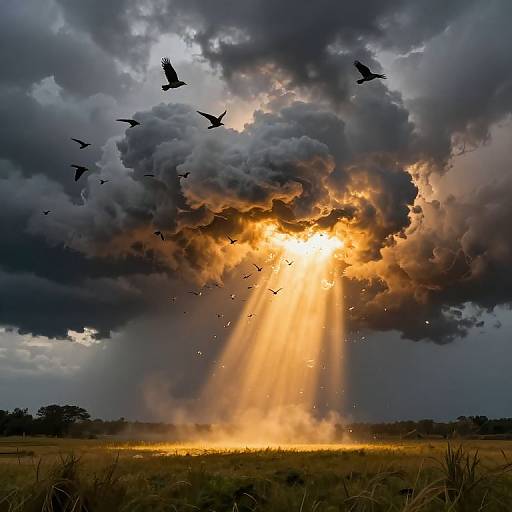 Photograph of dramatic sunset with sunburst through dark, swirling clouds, rays illuminating birds in mid-flight over grassy field.