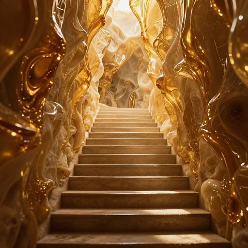 Photograph of an ornate, golden, swirling staircase with intricate, metallic, flame-like patterns on both sides, illuminated by warm light.