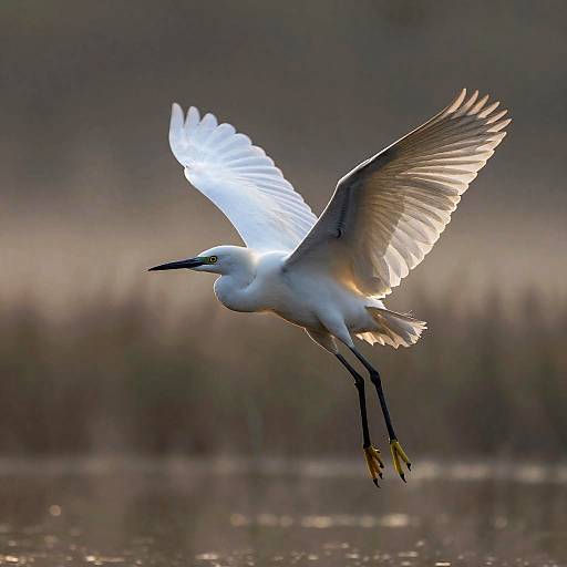 Graceful Snowy Egret Over Misty Marsh