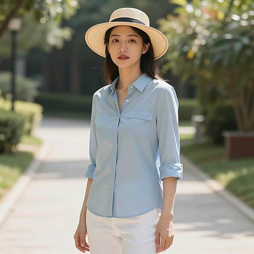 Woman in Light Blue Shirt and Straw Hat Outdoors