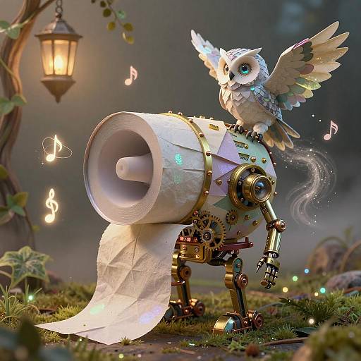 Steampunk Toilet Paper Roll Automaton with Lunar Owl