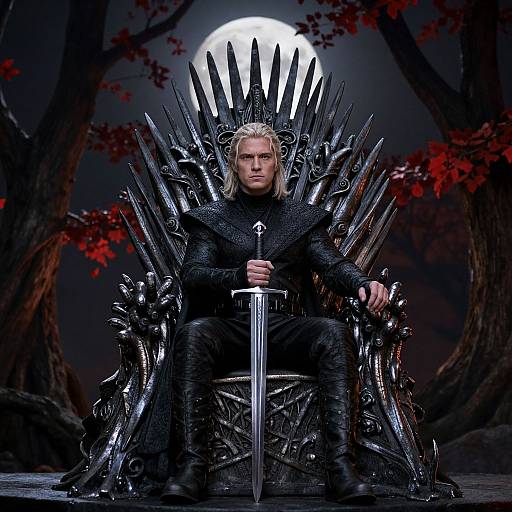 Photograph of a blonde man with long hair, wearing a black, spiked Iron Throne-like chair, holding a sword, under a full moon in a
