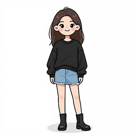 Digital drawing of a cute young girl with long brown hair, wearing a black sweater, blue denim shorts, and black boots, standing against a white background