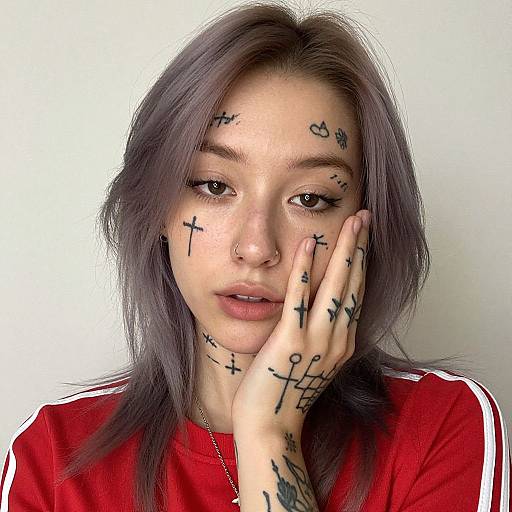 Photograph of a young woman with pale skin, purple hair, and tattoos of crosses and symbols on her face and hand, wearing a red sports shirt