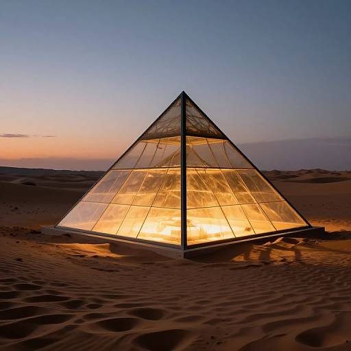 Photograph of a glowing, triangular, glass pyramid tent in a desert at sunset, casting warm light on the surrounding sand.