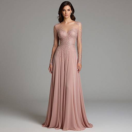 Photograph of a woman with medium skin tone and dark wavy hair, wearing a floor-length, pink, sheer-embellished gown with long