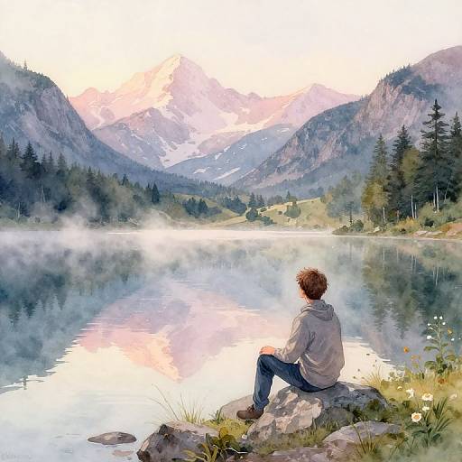Digital painting: Man in white hoodie and jeans sits on rocky shore, gazing at misty mountain lake, with pine trees and snow-capped peaks