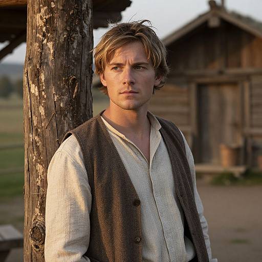 Photograph of a young, handsome Caucasian man with light brown hair, wearing a beige shirt and brown vest, standing beside a weathered wooden post in