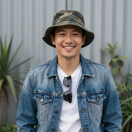 Smiling Man in Camouflage Bucket Hat