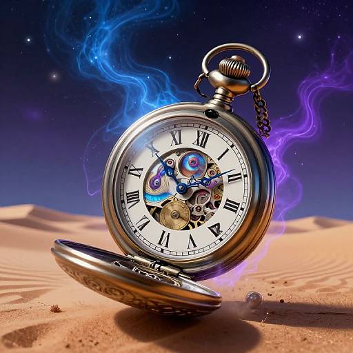 Photorealistic CGI of a silver pocket watch with glowing blue and purple smoke, open on desert sand at night.