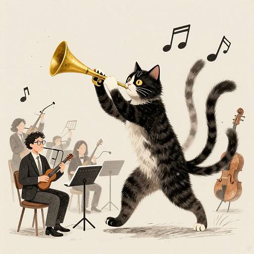 Cartoon of a standing black cat with yellow eyes playing a trumpet, while a suited man with glasses plays guitar, musicians in background. Musical notes surround