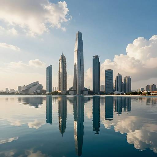 Photograph of a modern city skyline with tall skyscrapers, reflected in a calm waterfront, under a bright blue sky with scattered clouds.