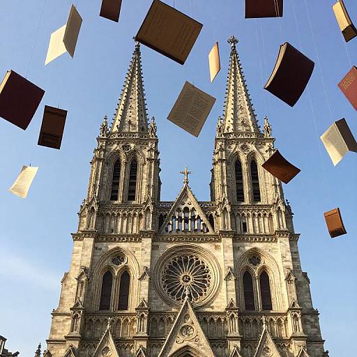 Photograph of a Gothic-style cathedral with two tall spires, intricate stone carvings, and large circular rose window, set against a bright blue