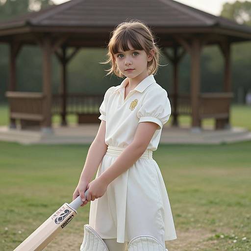 Photograph of a young girl with brown hair in a white cricket dress and helmet, holding a bat, in a grassy park with a wooden gaze