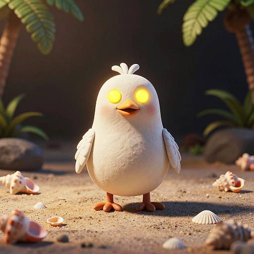 CGI image of a cute, white, cartoon bird with glowing yellow eyes standing on a sandy beach with seashells and palm trees in the background