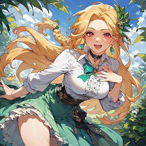 Anime Style Blonde Girl with Green Outfit