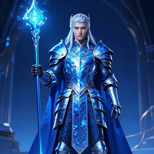 Digital art of a stern, silver-haired male knight in blue and silver armor, holding a glowing blue staff, standing in a dimly lit, ar