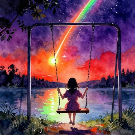 Girl on Swing by Lake with Meteor Shower