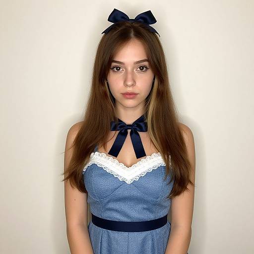 Photograph of a young woman with long brown hair, wearing a blue dress with white lace trim, navy ribbon bow, and matching headband, against