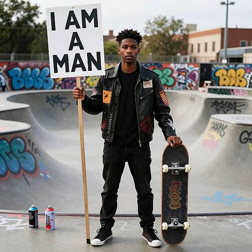 Young Man with Protest Sign at Skate Park