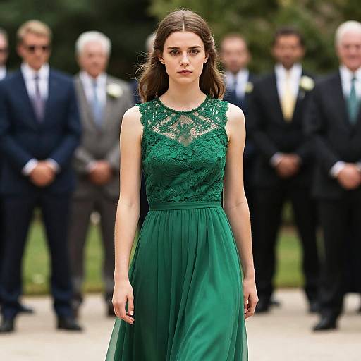 Photograph of a young woman with fair skin and brown hair, wearing a sleeveless, green lace and chiffon dress, walking a fashion runway with