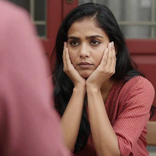 Serious woman resting cheek on hands