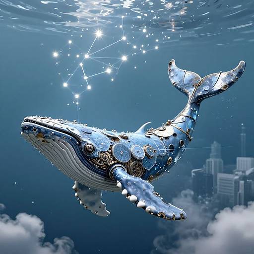Digital artwork of a metallic, steampunk-style whale with gears and clock faces, swimming above a cityscape under a starry blue sky and water
