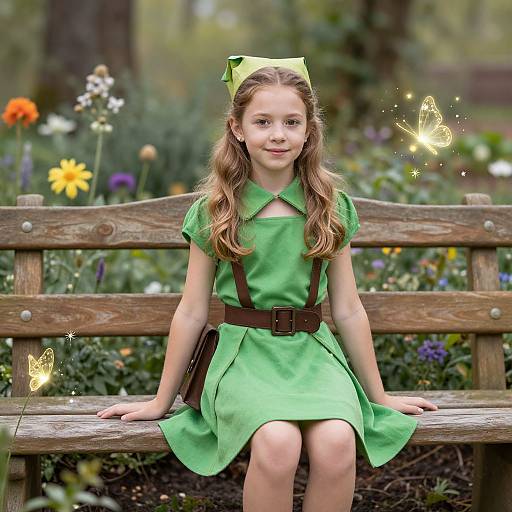 Photograph of a young girl with long brown hair, wearing a green dress and bow, sitting on a wooden bench in a colorful garden, with glowing