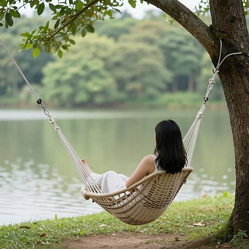 Photograph of a woman with long black hair, wearing a white dress, relaxing in a woven hammock by a serene lake, surrounded by green trees