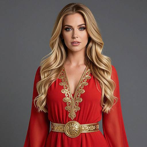 Blonde Woman in Red Embroidered Dress