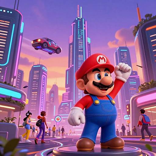 CGI image of Mario standing confidently in a neon-lit, futuristic cityscape with flying cars and skyscrapers at sunset.