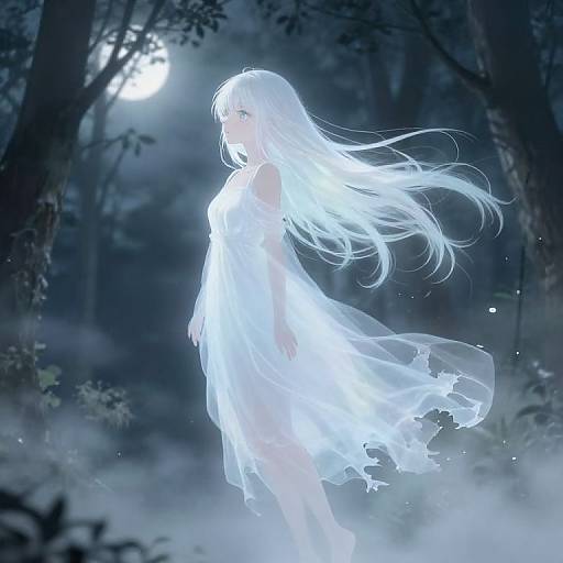 Digital anime artwork of a glowing, ethereal white-haired woman in a flowing, translucent dress, standing in a moonlit, misty forest.