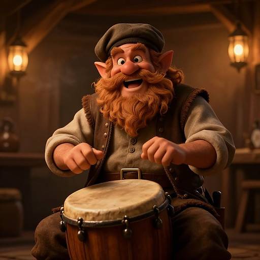 CGI image of a joyous, bearded, pointy-eared elf playing a wooden drum in a warm, dimly-lit tavern.