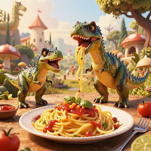 CGI image of two colorful, textured, cartoon dinosaurs with open mouths, drooling spaghetti onto a plate of spaghetti with tomatoes and basil, set in