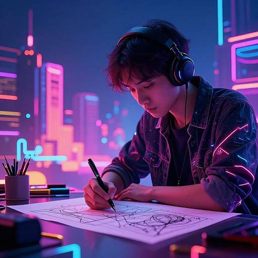 Photograph of a young man with dark hair, wearing headphones and a denim jacket, drawing under neon city lights with a pen.
