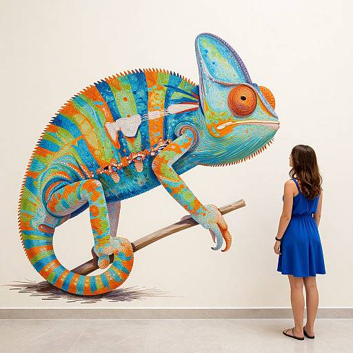 Photograph of a colorful, large chameleon with vibrant blue, orange, and green stripes, perched on a stick, next to a woman in