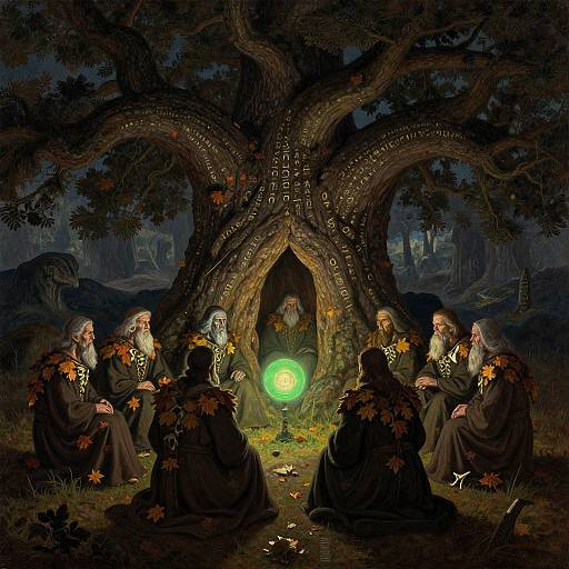 Digital illustration of nine robed, hooded figures surrounding a glowing green orb beneath a massive, dark tree with intricate carvings.