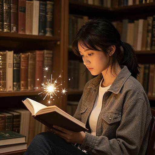 Photograph of a young woman with dark hair in a ponytail, wearing a denim jacket and white shirt, reading a book with a sparkler held