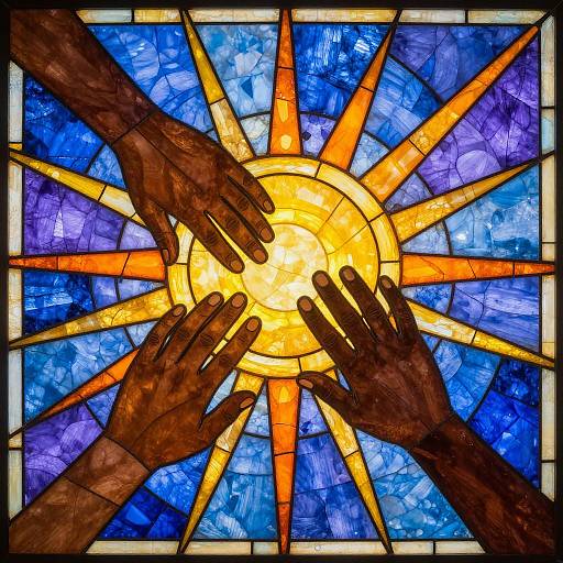 Stained glass artwork depicting four dark brown hands reaching toward a bright yellow sun with orange rays against a blue background.