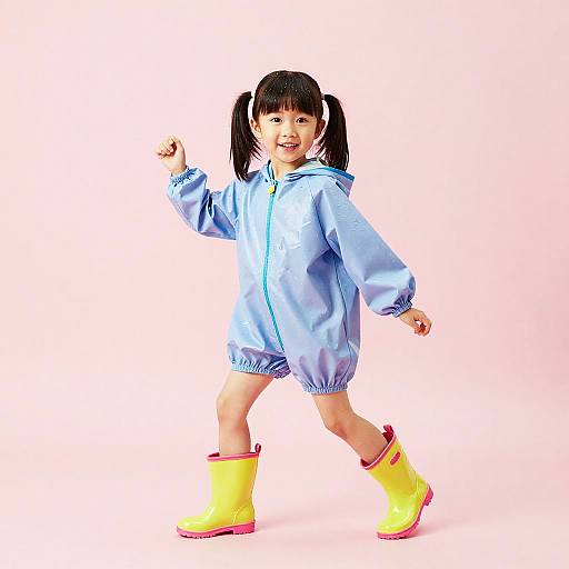 Lively Preschool Girl in Neon Rainwear