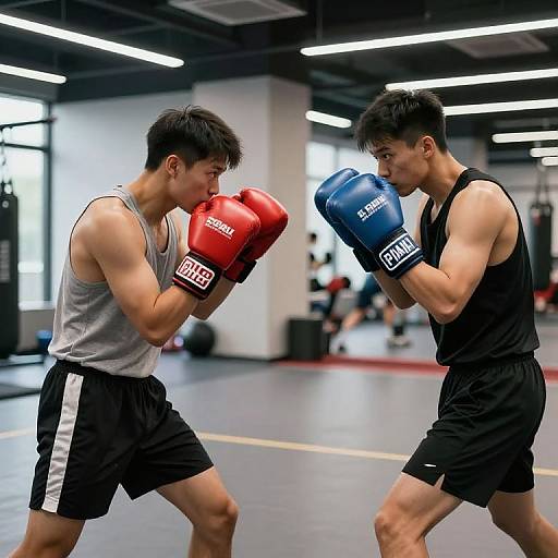 Photograph of two muscular Asian men in a gym, wearing red and blue boxing gloves, black tank tops and shorts, facing each other in a boxing