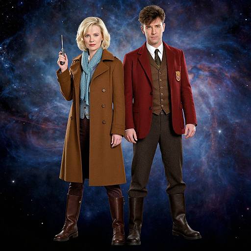 Photograph of a blonde woman in a brown coat and blue scarf holding a wand, standing beside a man in a red blazer, black pants,