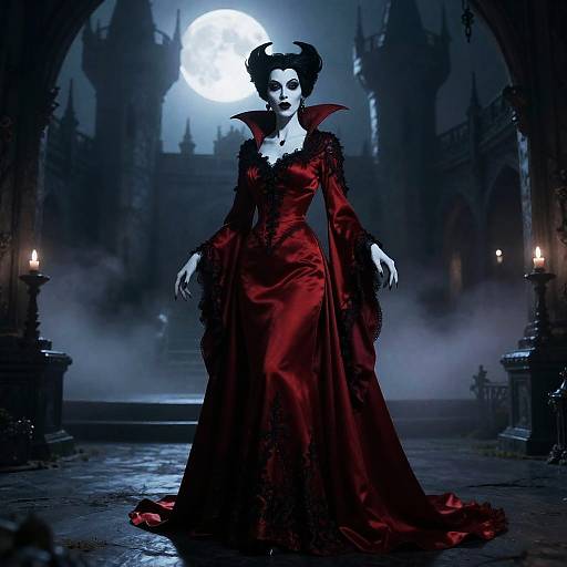 Moonlit Vampire Queen in Crimson Gown
