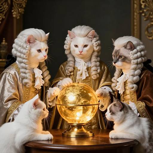 Photograph of six white and gray cats in 18th-century-style, gold-trimmed robes, gathered around a glowing, golden globe on a