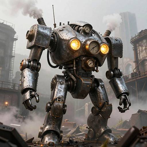 Dieselpunk Mech on Foggy Battlefield