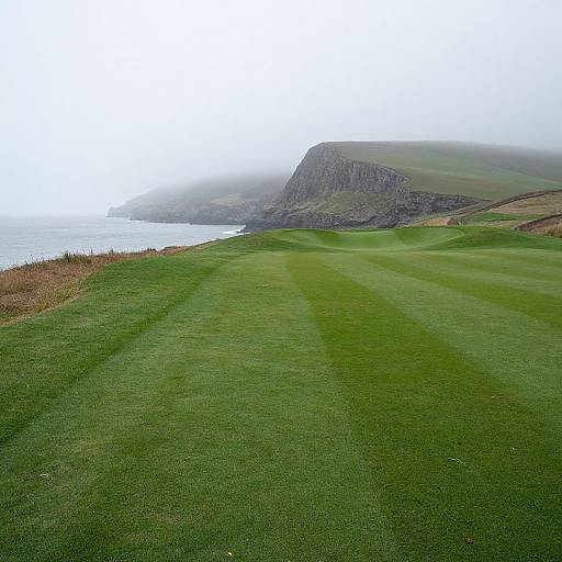 Photograph of a misty coastal landscape with a green, striped grass field leading to a rocky cliff overlooking the ocean.