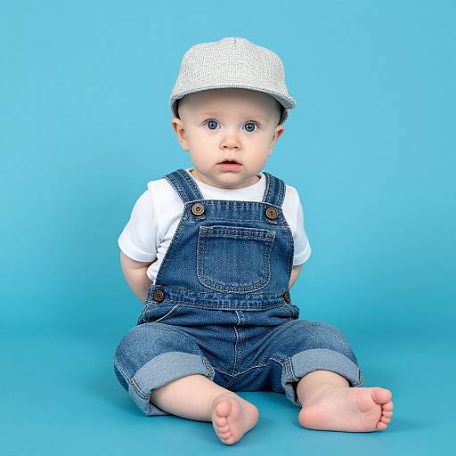 Photograph of a baby with blue eyes, wearing a white cap, denim overalls, and white shirt, sitting on a bright blue background.
