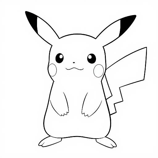 Black-and-white line drawing of Pikachu, a cute, round, rodent-like Pokémon with large ears, a zigzag tail, and a small smile